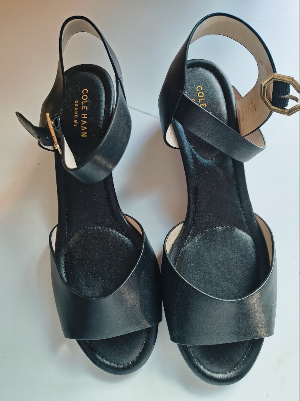 Cole Haan Black Leather Slingback Sandals with Gold Buckle